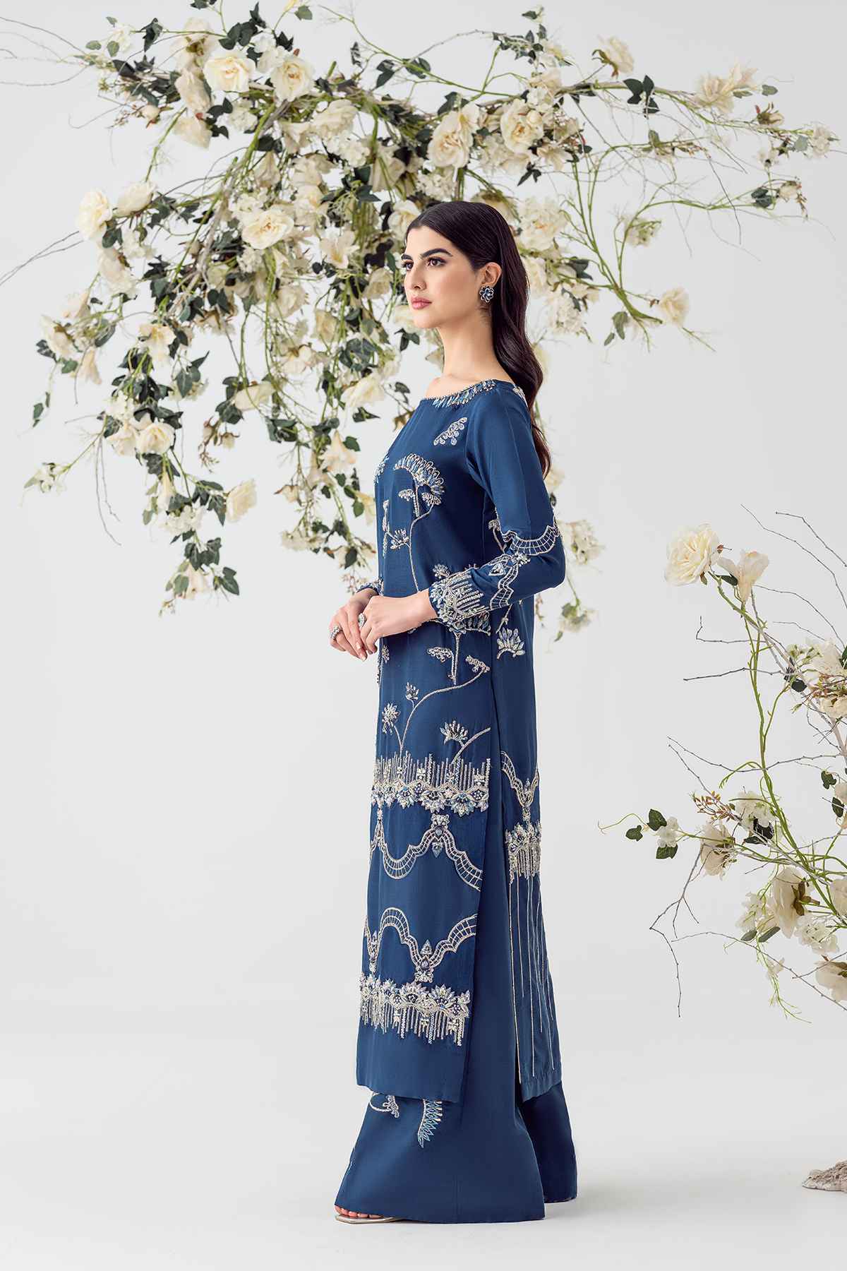 Royal Blue Embroidered Raw Silk Salwar Kameez (2-Piece) - Image 3