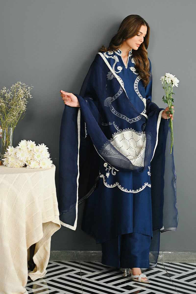 Pakistani Deep Blue Aari-Embroidered Rawsilk Salwar Kameez (3-Piece) - Image 1