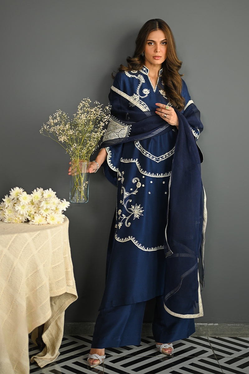 Pakistani Deep Blue Aari-Embroidered Rawsilk Salwar Kameez (3-Piece) - Image 8