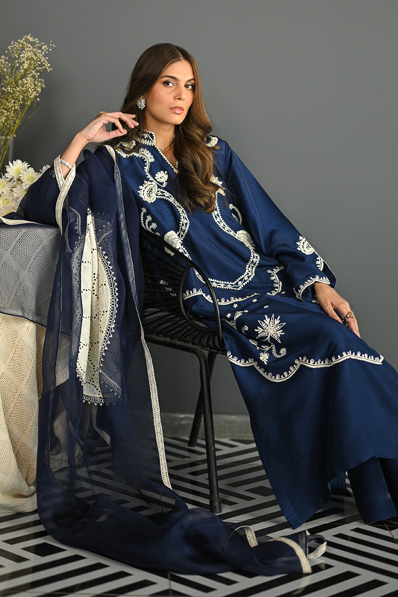 Pakistani Deep Blue Aari-Embroidered Rawsilk Salwar Kameez (3-Piece) - Image 9