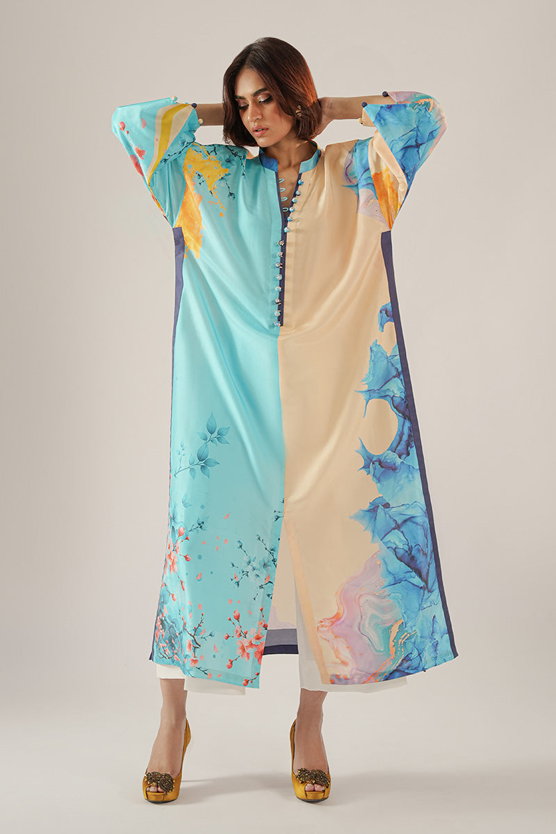 Blue & Beige Printed Pure Rawsilk Kurta (2-Piece) - Image 1