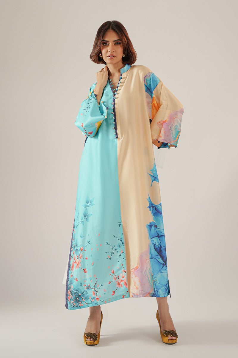 Blue & Beige Printed Pure Rawsilk Kurta (2-Piece) - Image 2