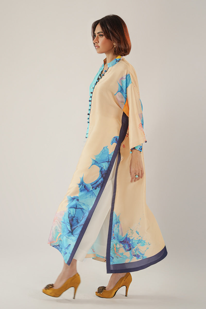 Blue & Beige Printed Pure Rawsilk Kurta (2-Piece) - Image 3