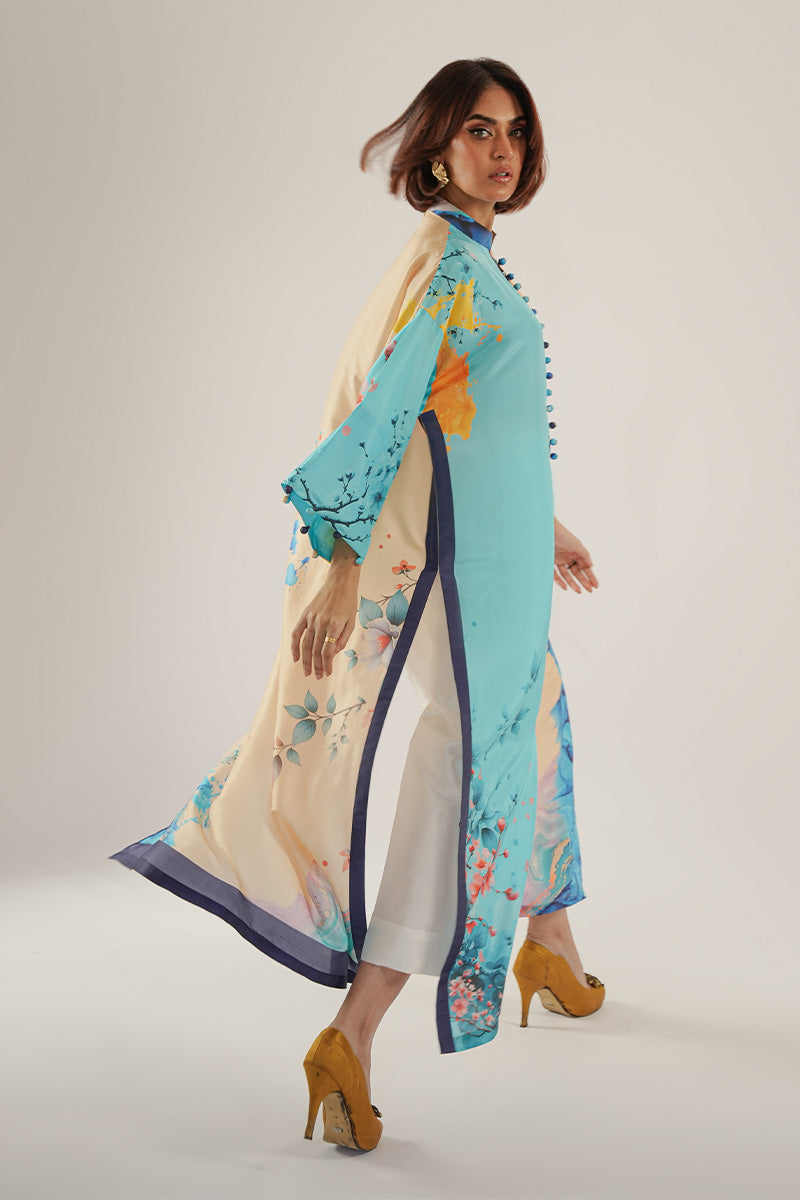 Blue & Beige Printed Pure Rawsilk Kurta (2-Piece) - Image 4