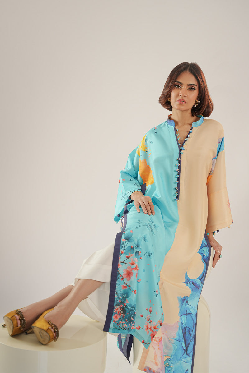 Blue & Beige Printed Pure Rawsilk Kurta (2-Piece) - Image 6