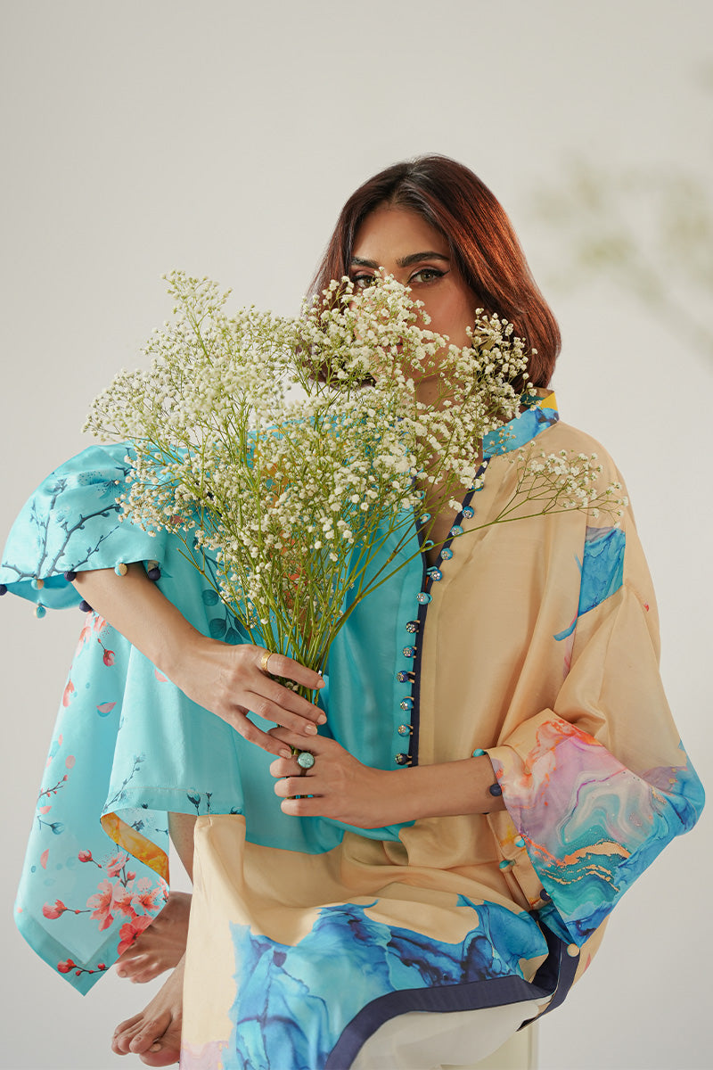 Blue & Beige Printed Pure Rawsilk Kurta (2-Piece) - Image 7