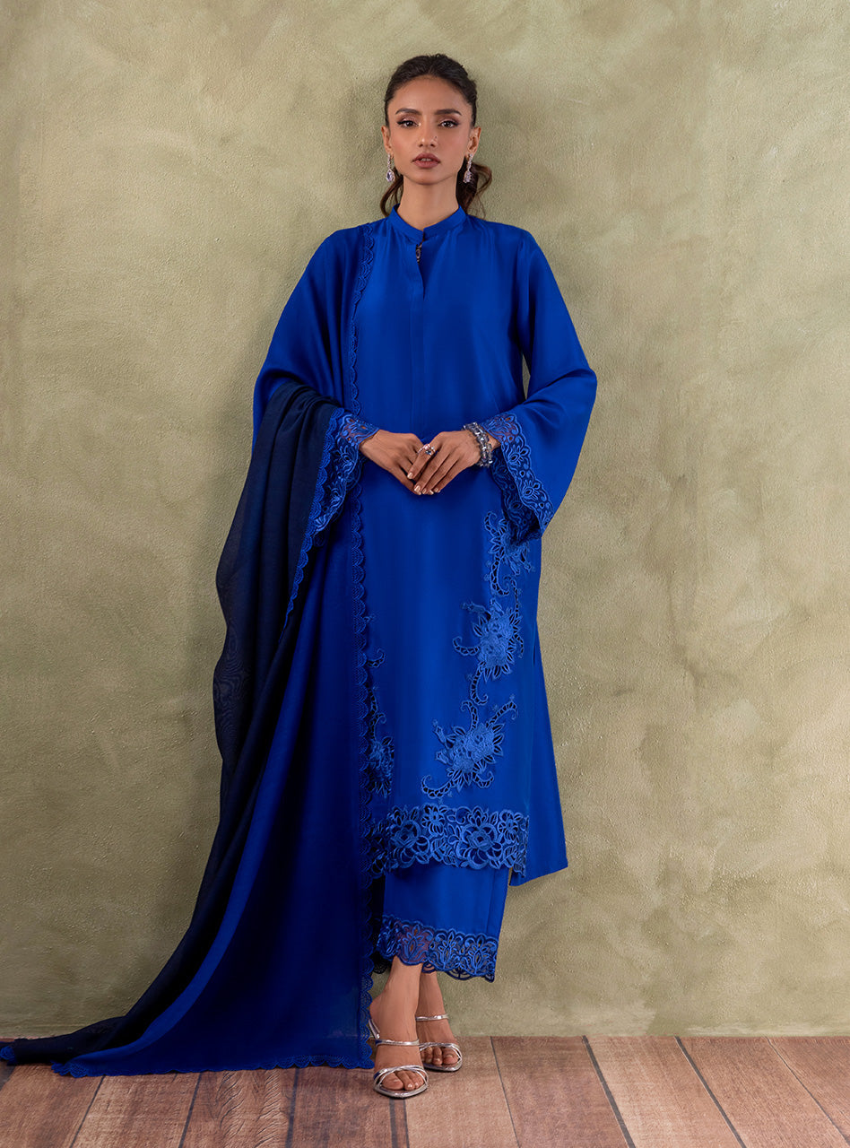 Pakistani Royal Blue Embroidered Pure Rawsilk Salwar Kameez (3-Piece) - Image 10