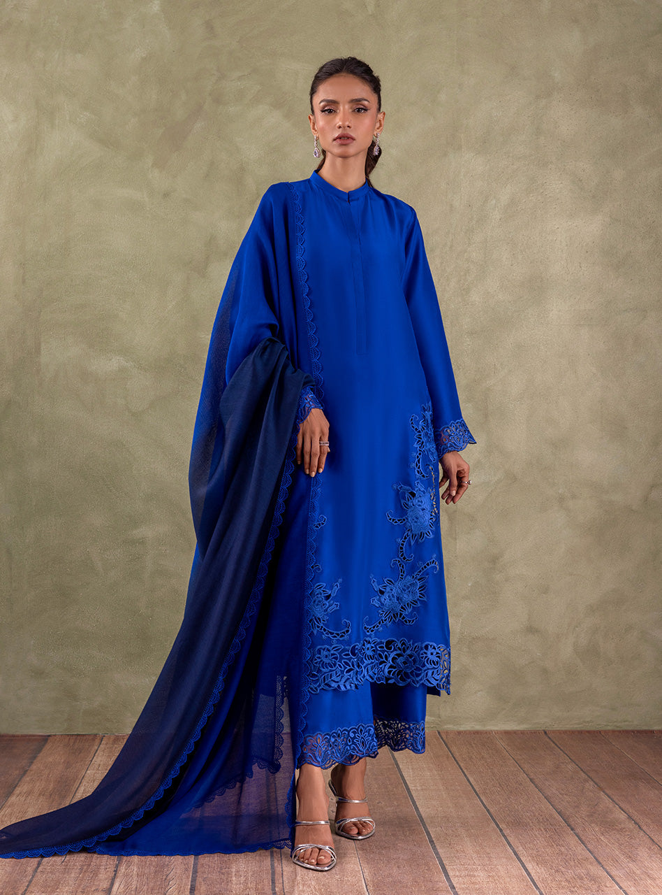 Pakistani Royal Blue Embroidered Pure Rawsilk Salwar Kameez (3-Piece) - Image 11