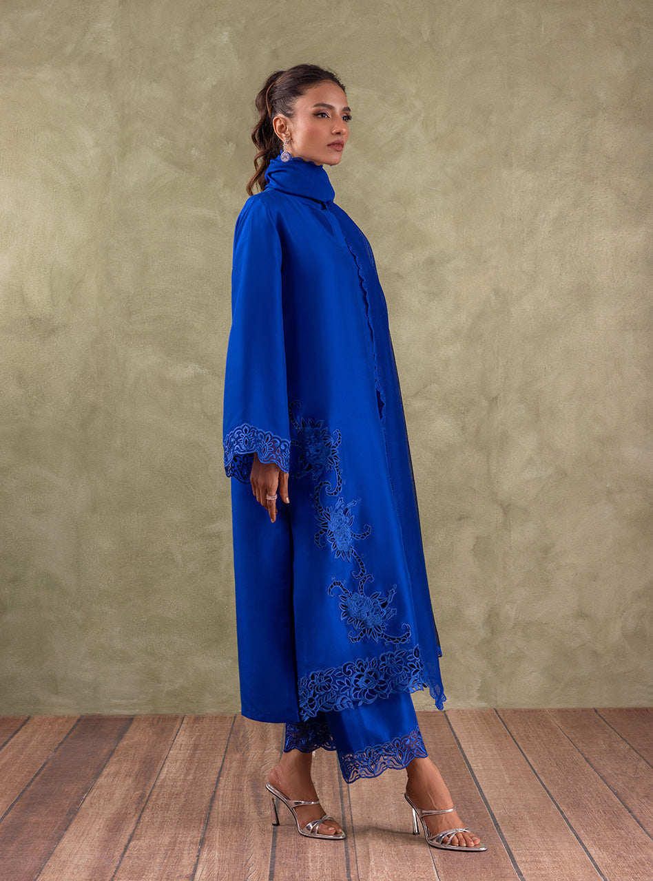 Pakistani Royal Blue Embroidered Pure Rawsilk Salwar Kameez (3-Piece) - Image 3