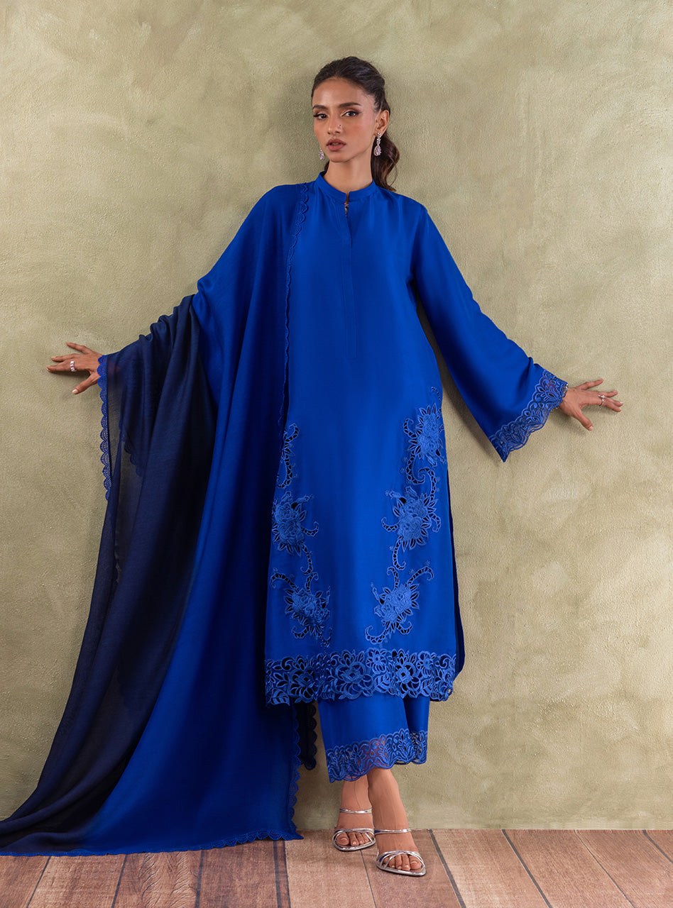Pakistani Royal Blue Embroidered Pure Rawsilk Salwar Kameez (3-Piece) - Image 4