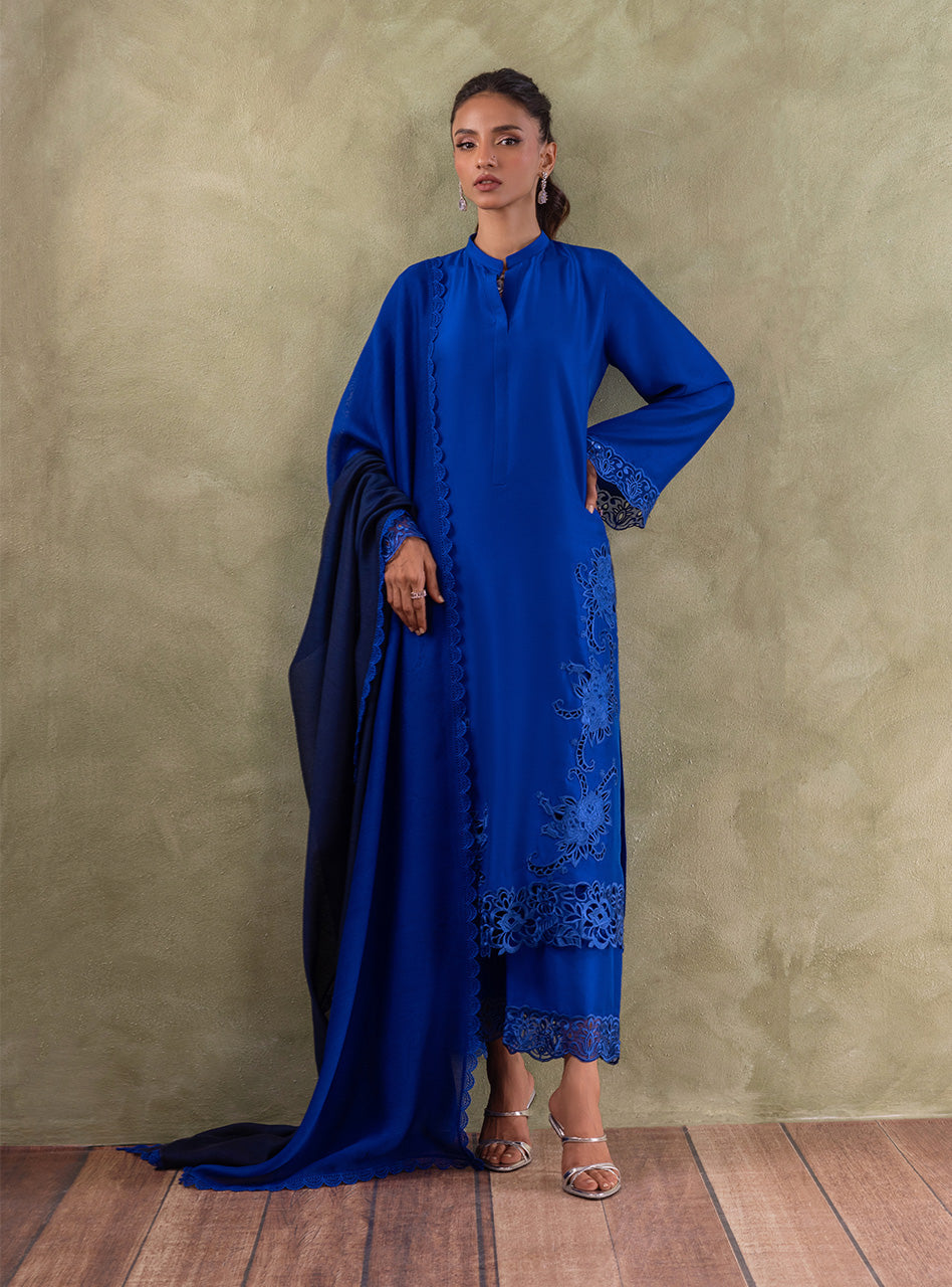 Pakistani Royal Blue Embroidered Pure Rawsilk Salwar Kameez (3-Piece) - Image 5