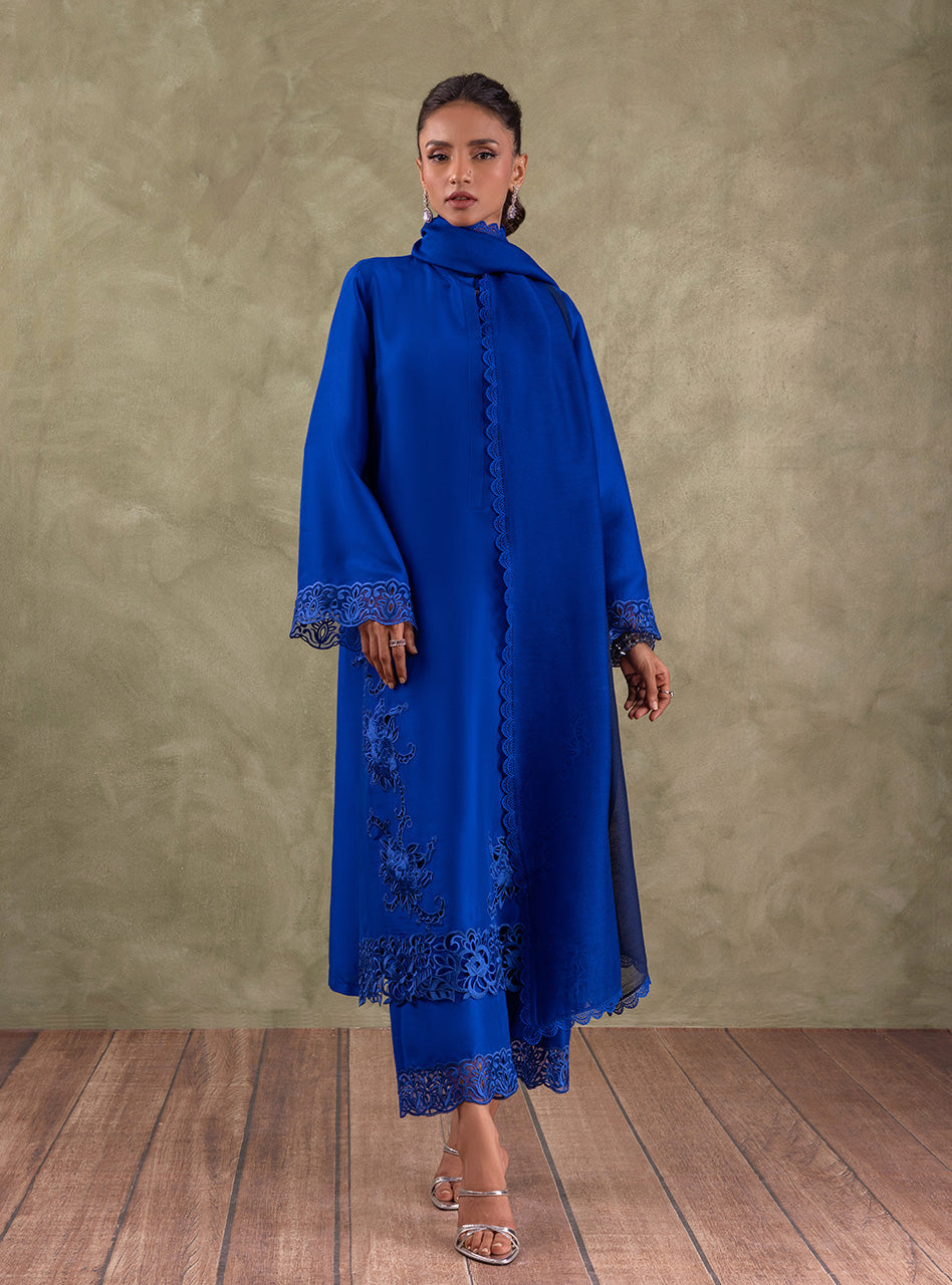 Pakistani Royal Blue Embroidered Pure Rawsilk Salwar Kameez (3-Piece) - Image 6