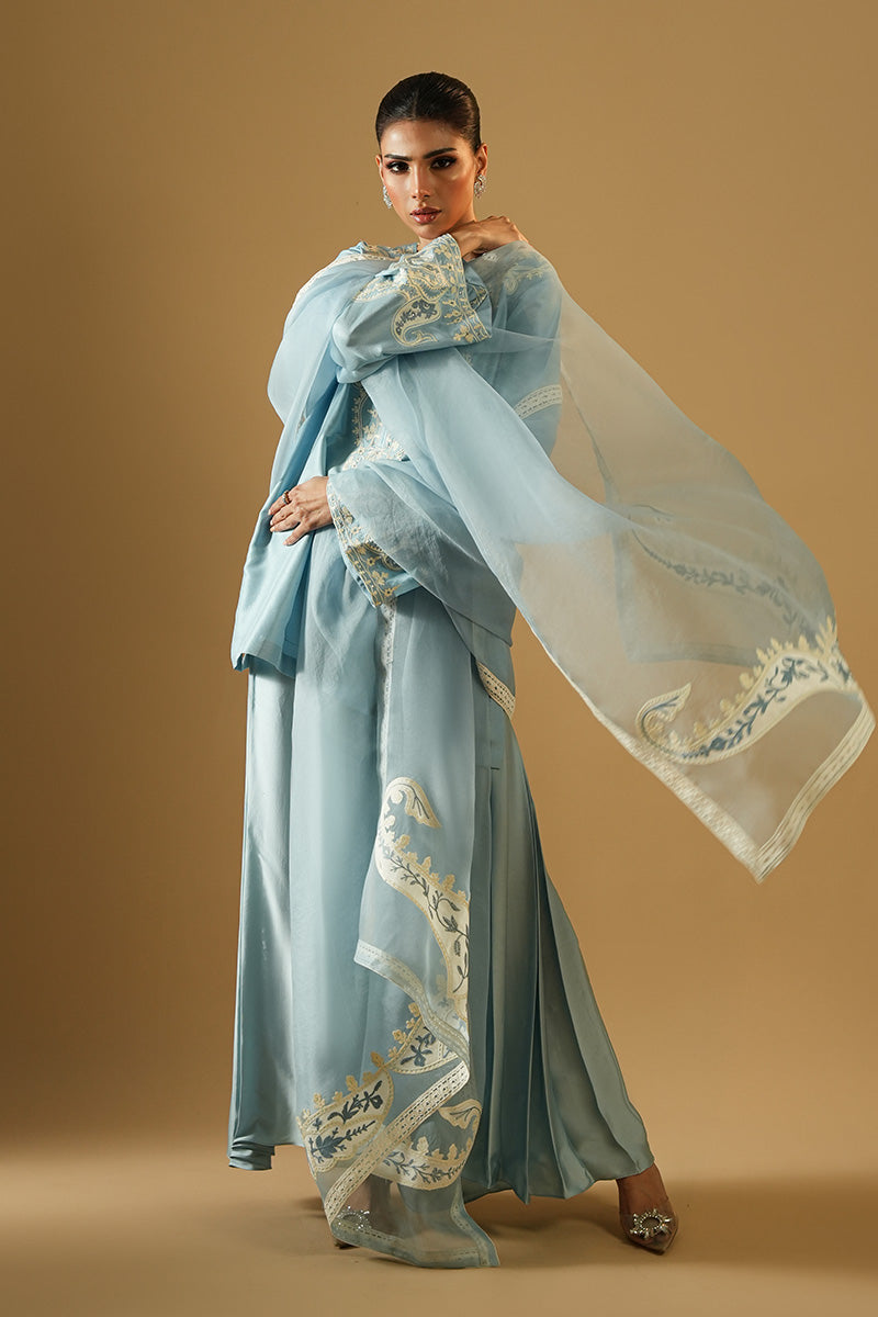 Pakistani Powder Blue Aari Embroidered Satin Silk Salwar Kameez (3-Piece) - Image 2