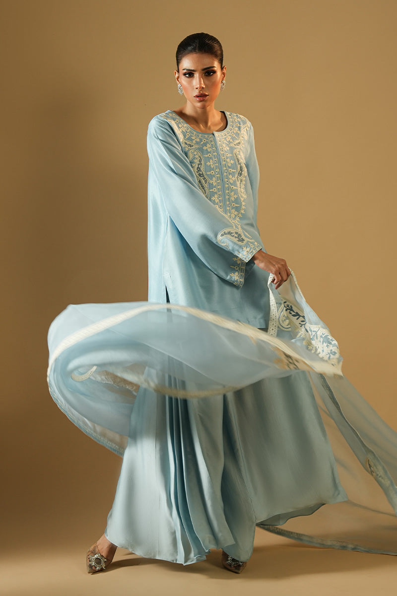 Pakistani Powder Blue Aari Embroidered Satin Silk Salwar Kameez (3-Piece) - Image 4