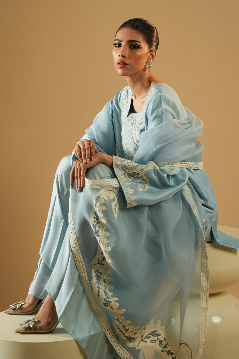 Pakistani Powder Blue Aari Embroidered Satin Silk Salwar Kameez (3-Piece) - Image 5