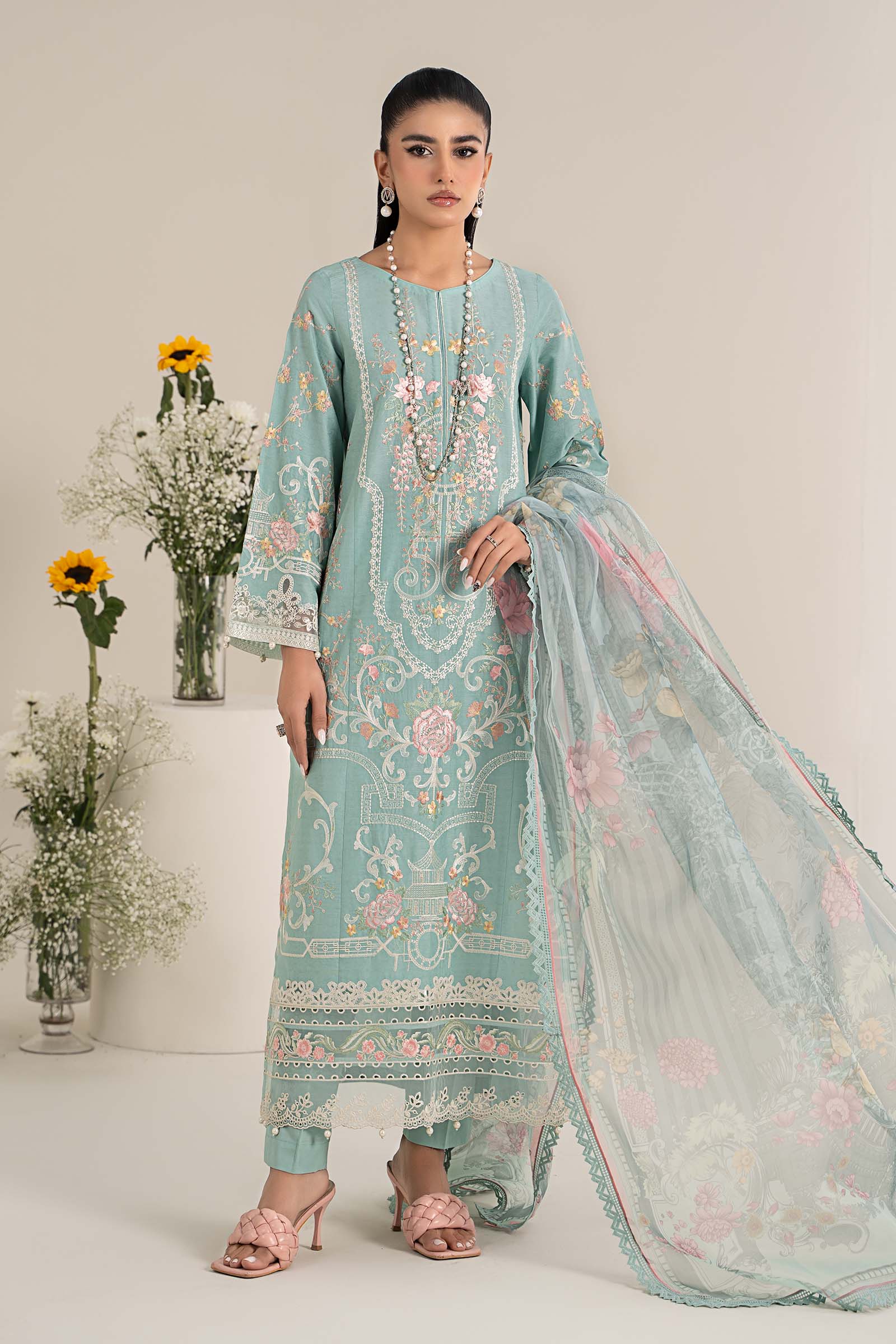 Pakistani Pastel Blue Embroidered Self Jacquard Lawn Suit (3-Piece) - Image 1