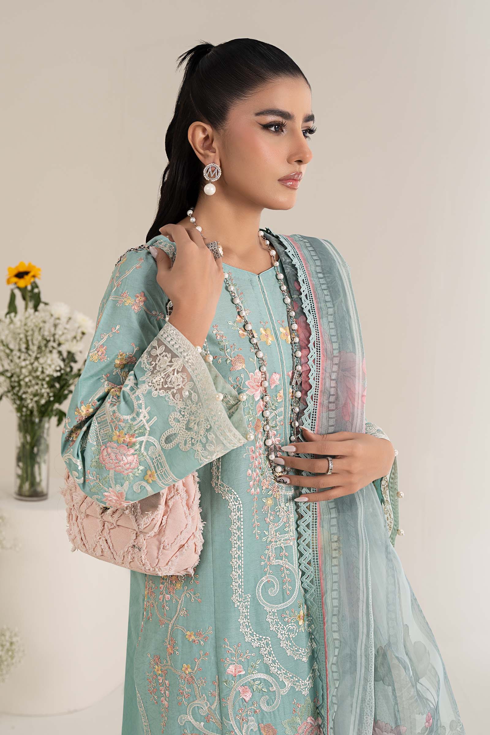 Pakistani Pastel Blue Embroidered Self Jacquard Lawn Suit (3-Piece) - Image 2