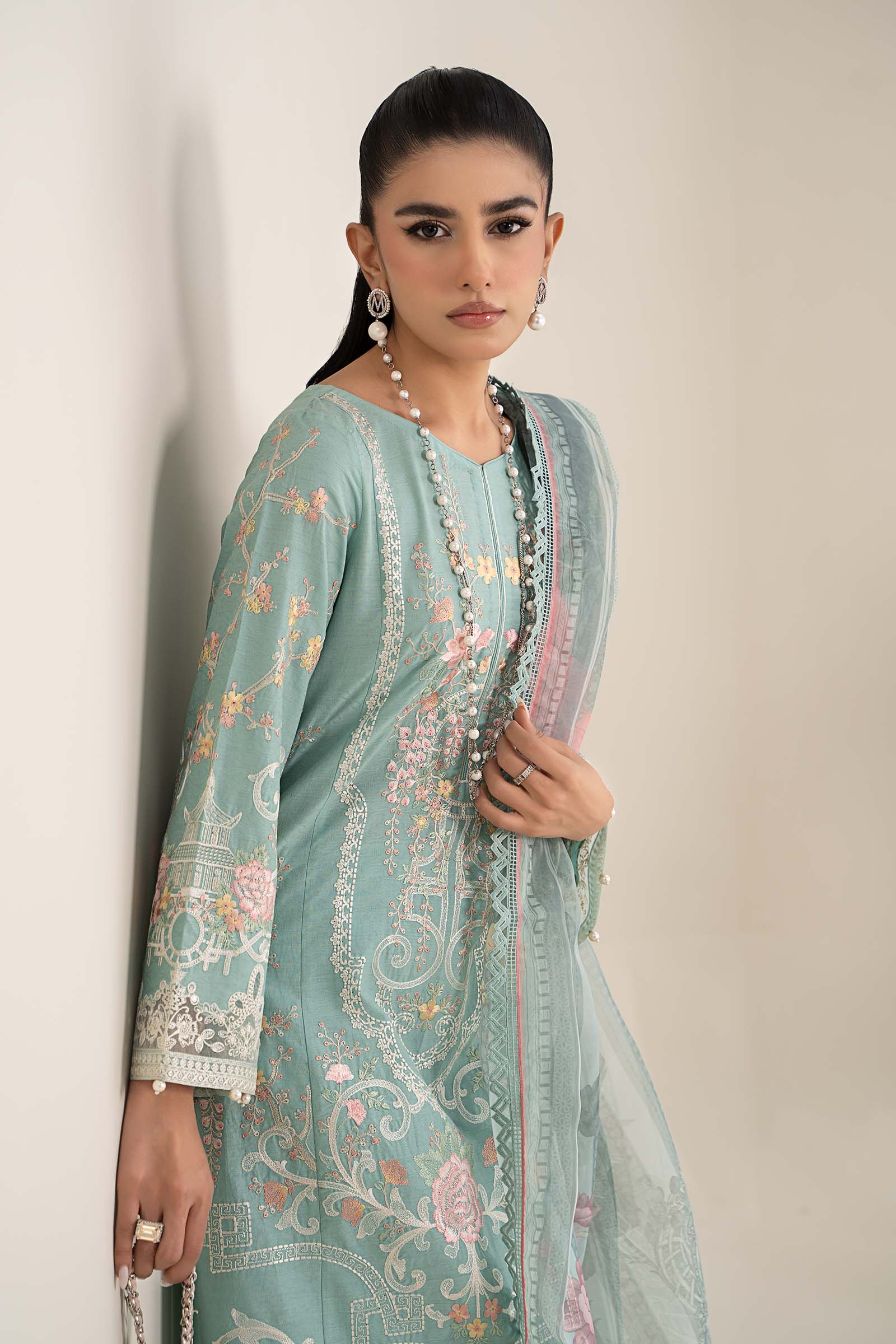 Pakistani Pastel Blue Embroidered Self Jacquard Lawn Suit (3-Piece) - Image 3