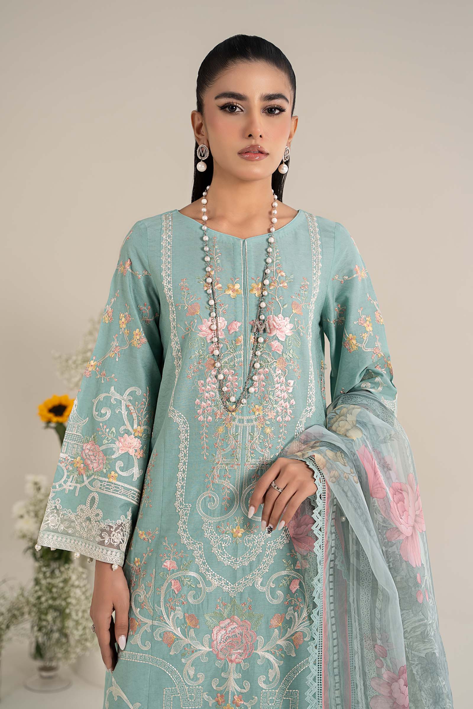 Pakistani Pastel Blue Embroidered Self Jacquard Lawn Suit (3-Piece) - Image 4