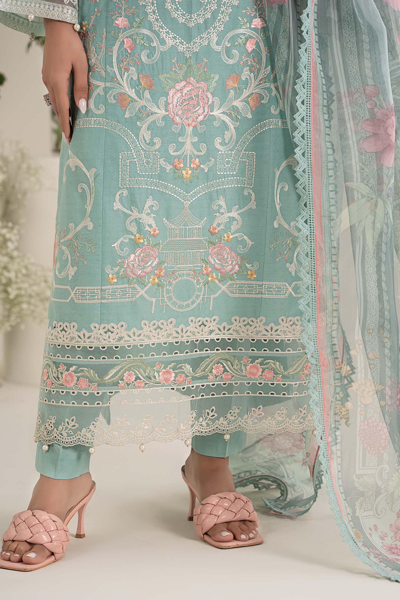 Pakistani Pastel Blue Embroidered Self Jacquard Lawn Suit (3-Piece) - Image 5