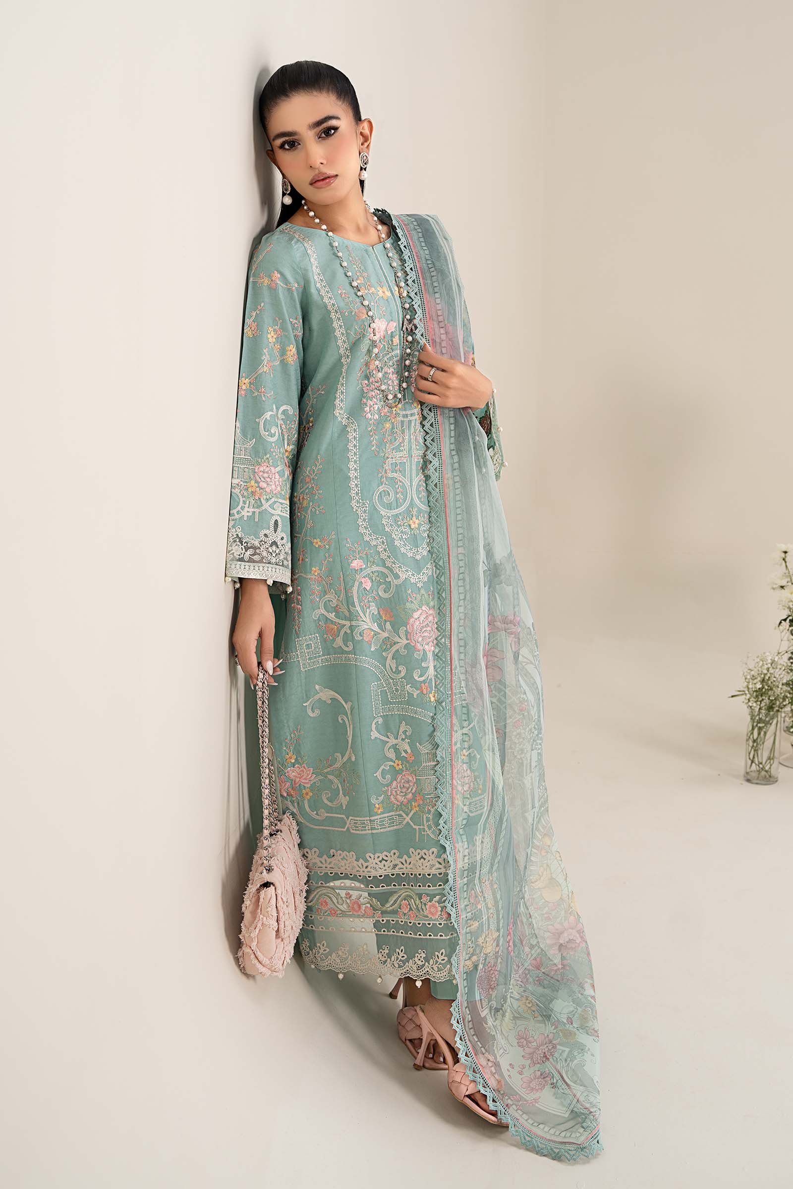 Pakistani Pastel Blue Embroidered Self Jacquard Lawn Suit (3-Piece) - Image 6