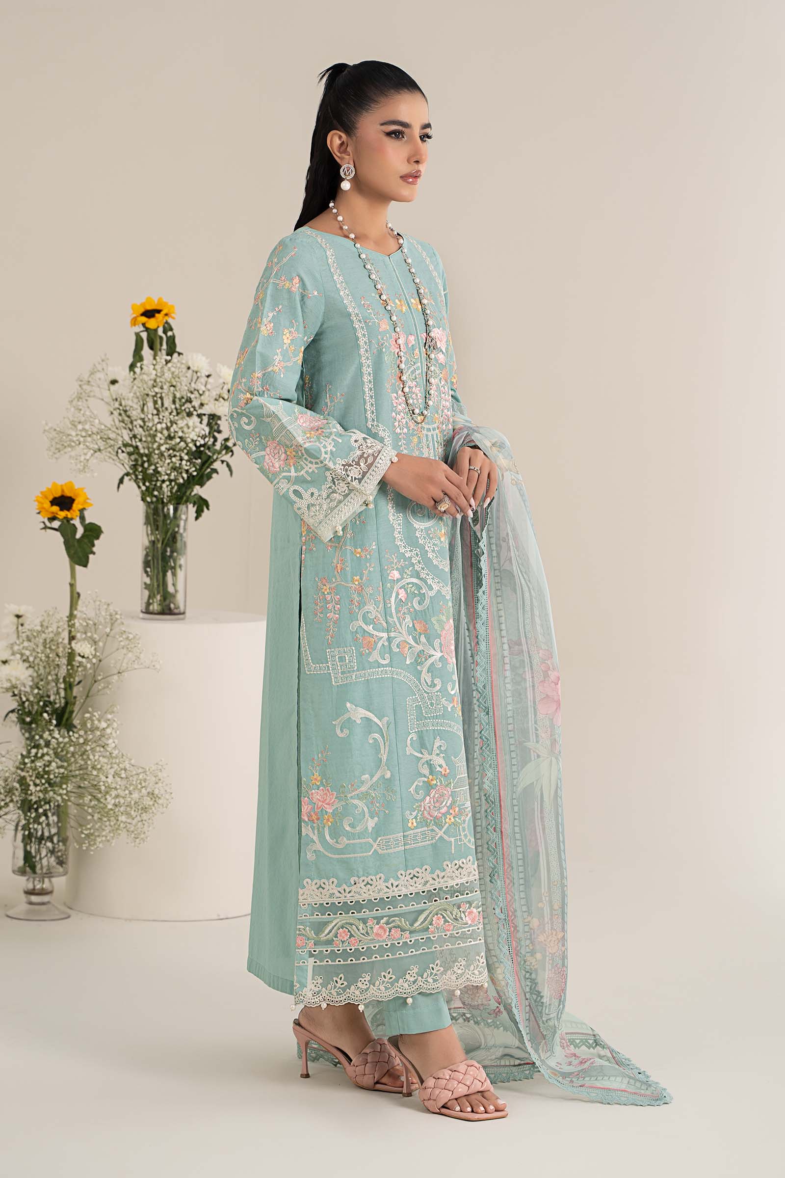 Pakistani Pastel Blue Embroidered Self Jacquard Lawn Suit (3-Piece) - Image 7