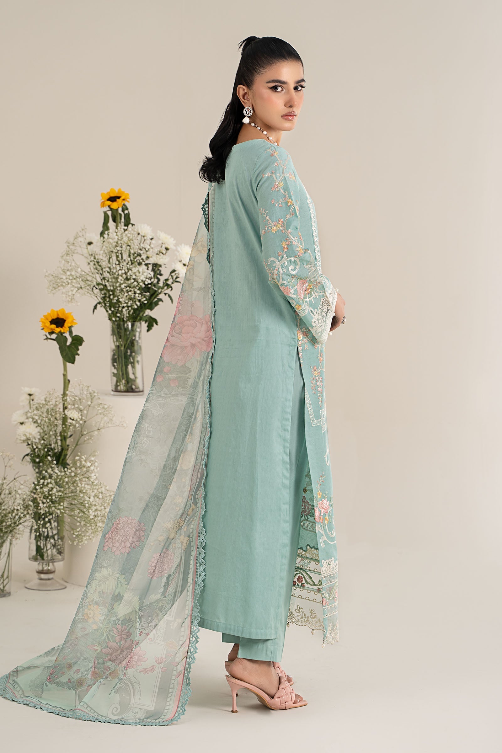 Pakistani Pastel Blue Embroidered Self Jacquard Lawn Suit (3-Piece) - Image 8