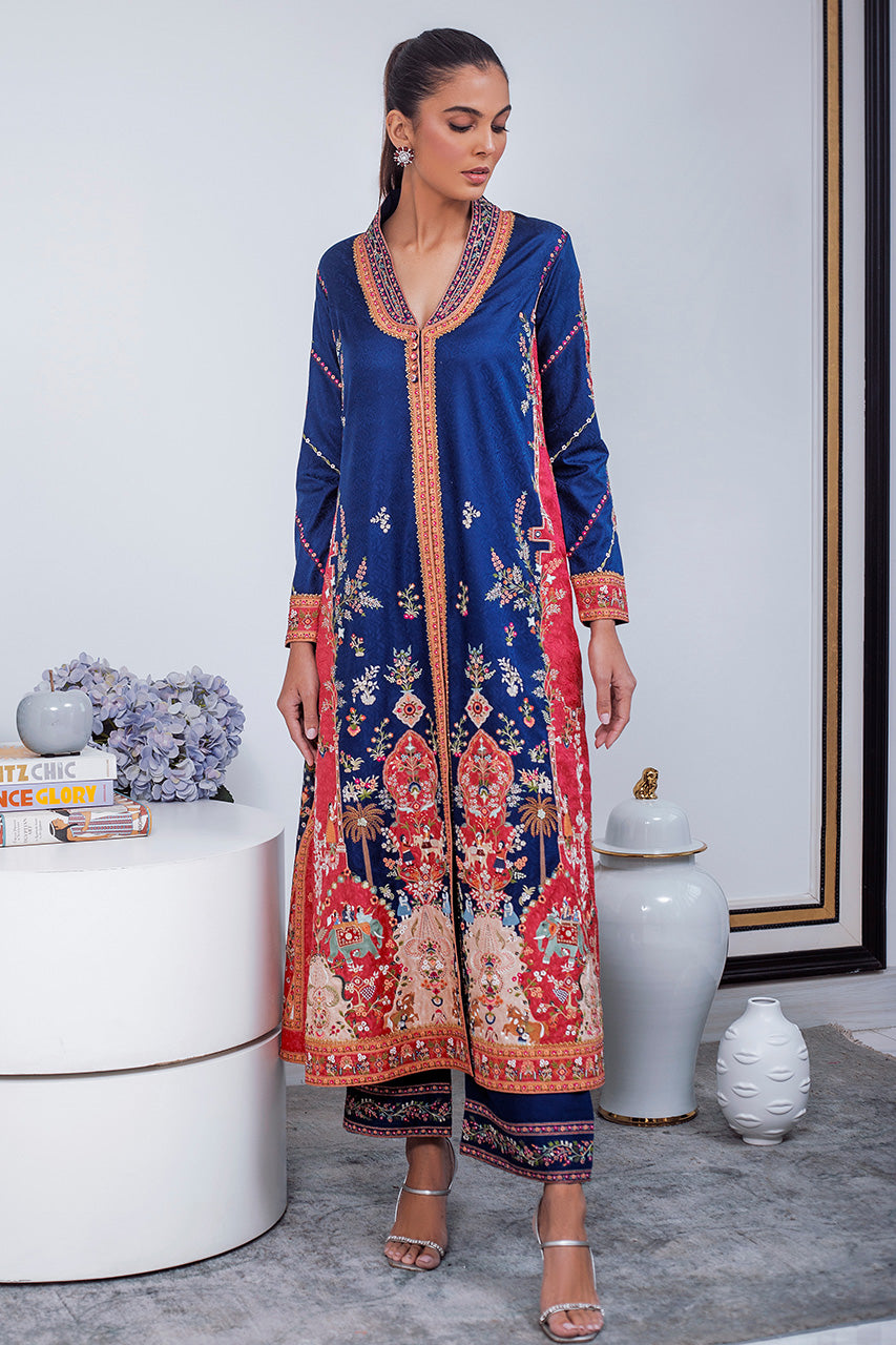 Pakistani Royal Blue Mughal Embroidered Jamawar Jacket & Culottes (2-Piece) - Image 1