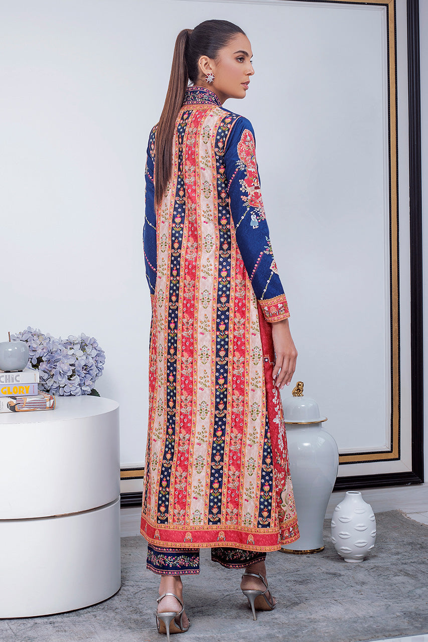 Pakistani Royal Blue Mughal Embroidered Jamawar Jacket & Culottes (2-Piece) - Image 2