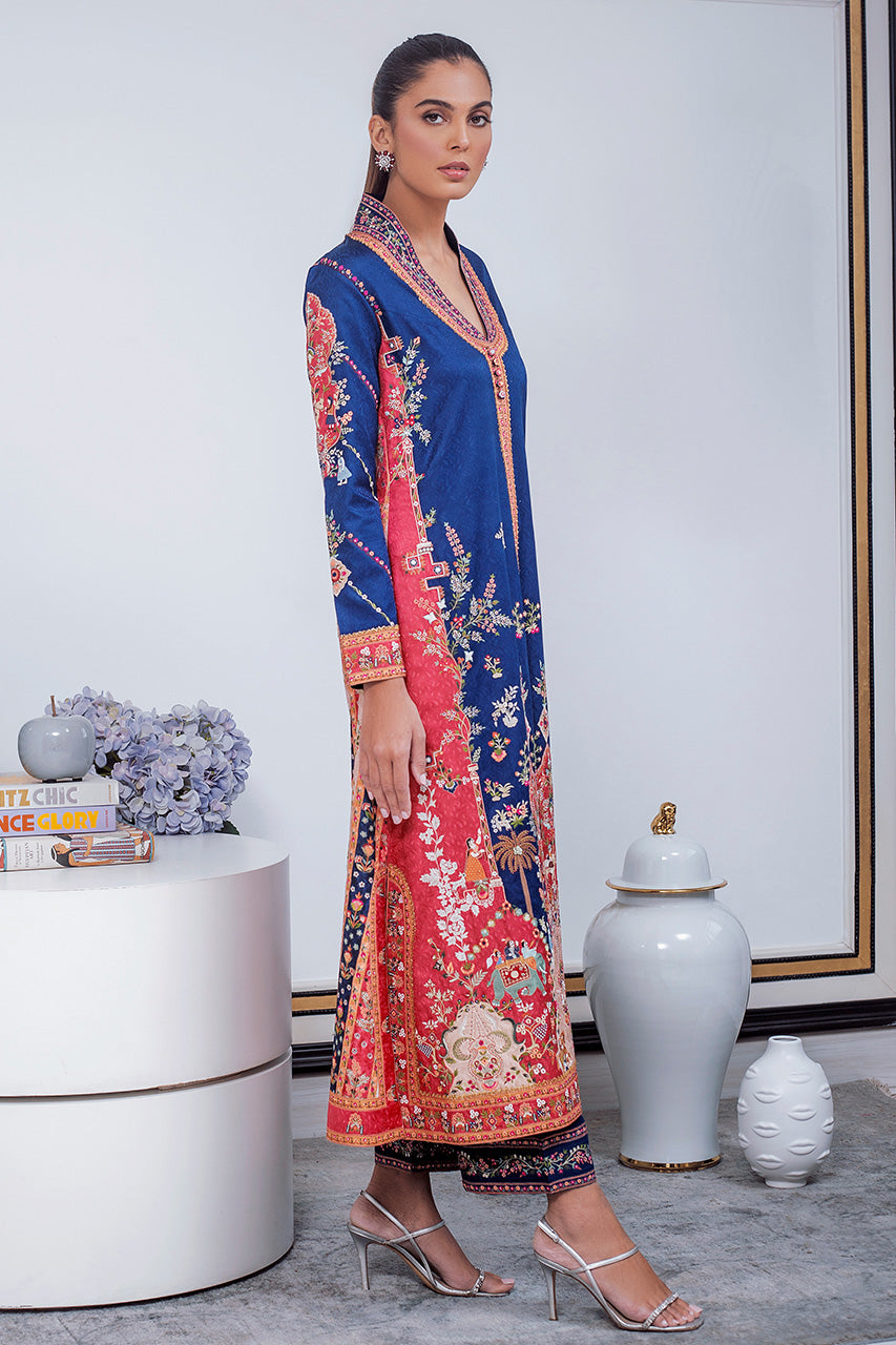 Pakistani Royal Blue Mughal Embroidered Jamawar Jacket & Culottes (2-Piece) - Image 3