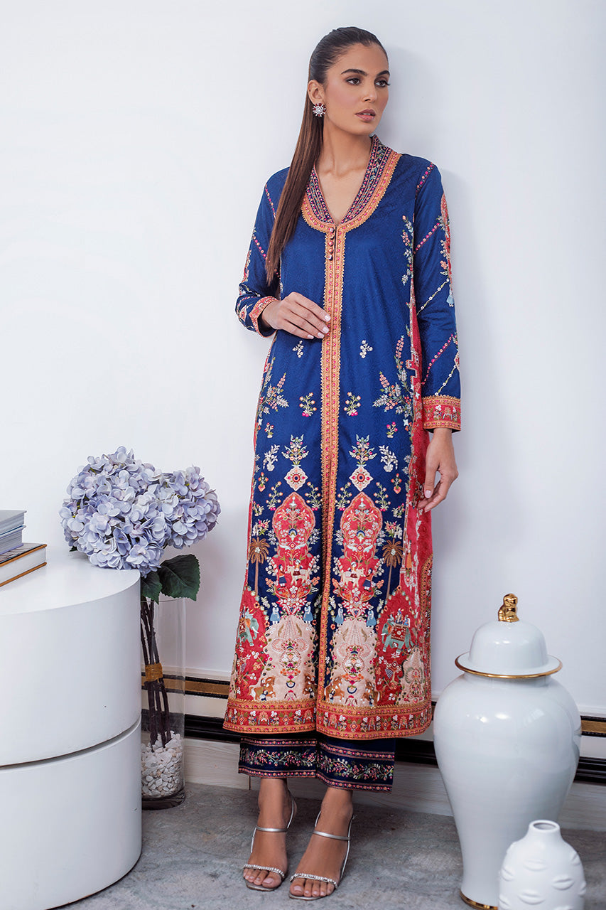 Pakistani Royal Blue Mughal Embroidered Jamawar Jacket & Culottes (2-Piece) - Image 4