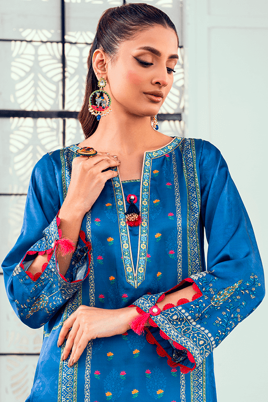 Pakistani Blue Digital Print Shamoz Silk Kurta (2-Piece) - Image 5