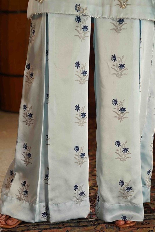 Pakistani Sky Blue Embroidered Shamoz Silk Salwar Kameez (3-Piece) - Image 1