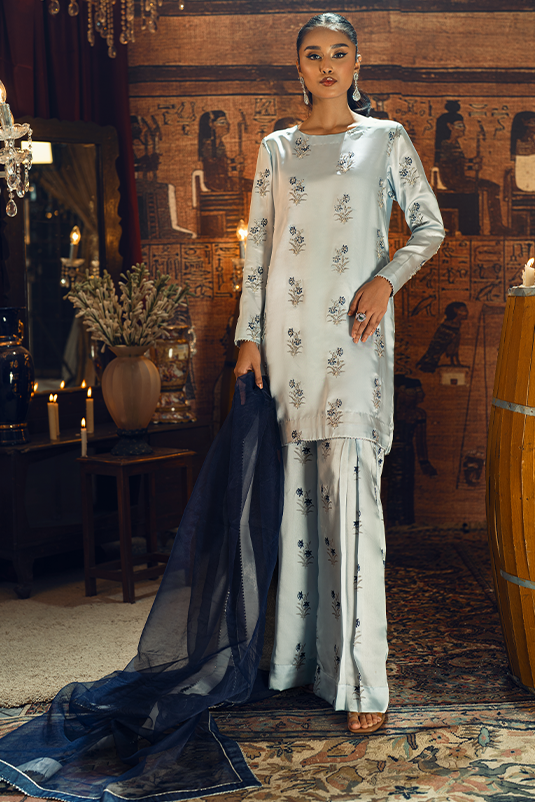 Pakistani Sky Blue Embroidered Shamoz Silk Salwar Kameez (3-Piece) - Image 2