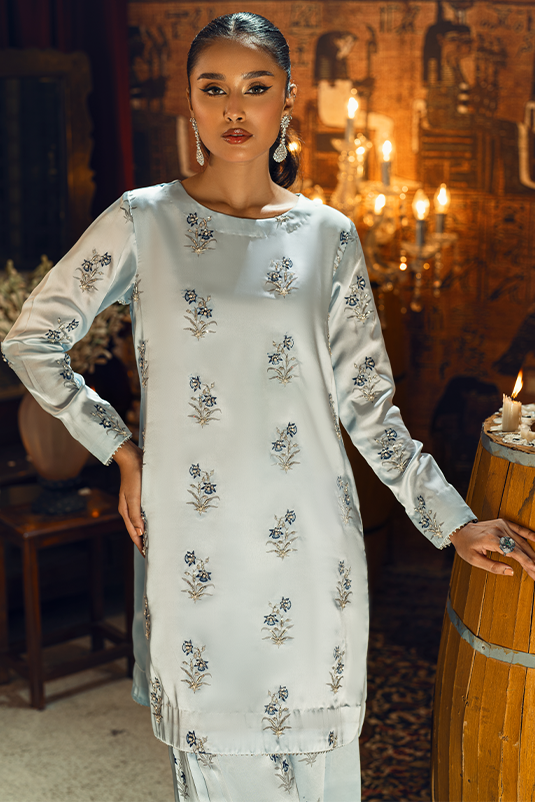 Pakistani Sky Blue Embroidered Shamoz Silk Salwar Kameez (3-Piece) - Image 3