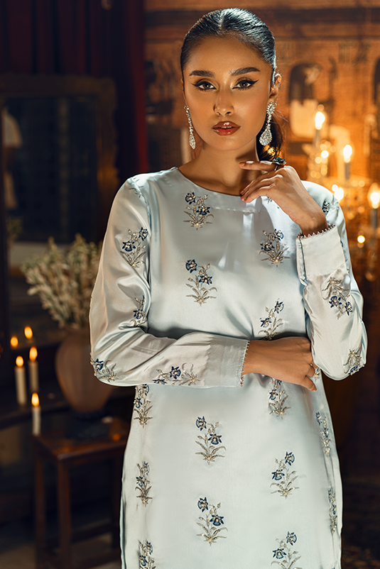Pakistani Sky Blue Embroidered Shamoz Silk Salwar Kameez (3-Piece) - Image 4