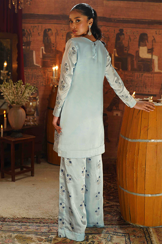 Pakistani Sky Blue Embroidered Shamoz Silk Salwar Kameez (3-Piece) - Image 5