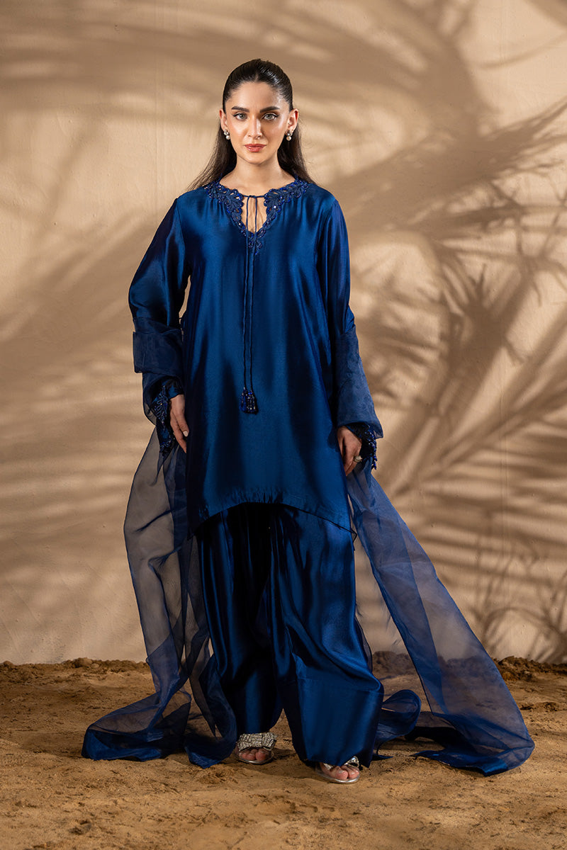 Pakistani Electric Blue Embroidered Sheesha Silk Salwar Kameez (3-Piece) - Image 1