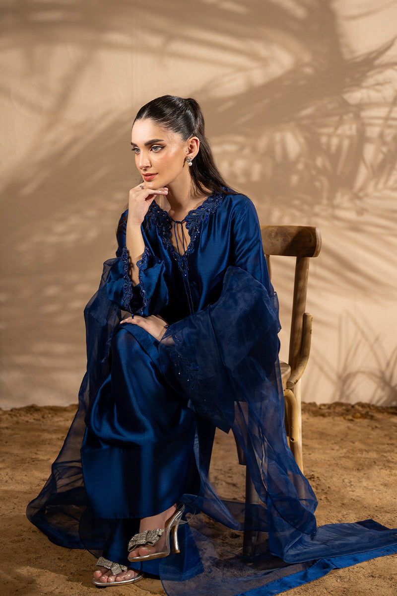Pakistani Electric Blue Embroidered Sheesha Silk Salwar Kameez (3-Piece) - Image 2
