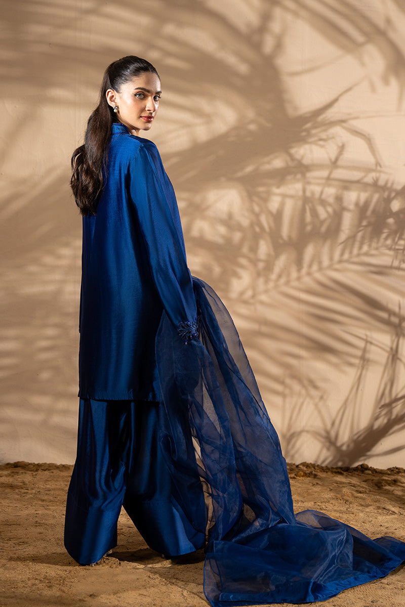Pakistani Electric Blue Embroidered Sheesha Silk Salwar Kameez (3-Piece) - Image 3