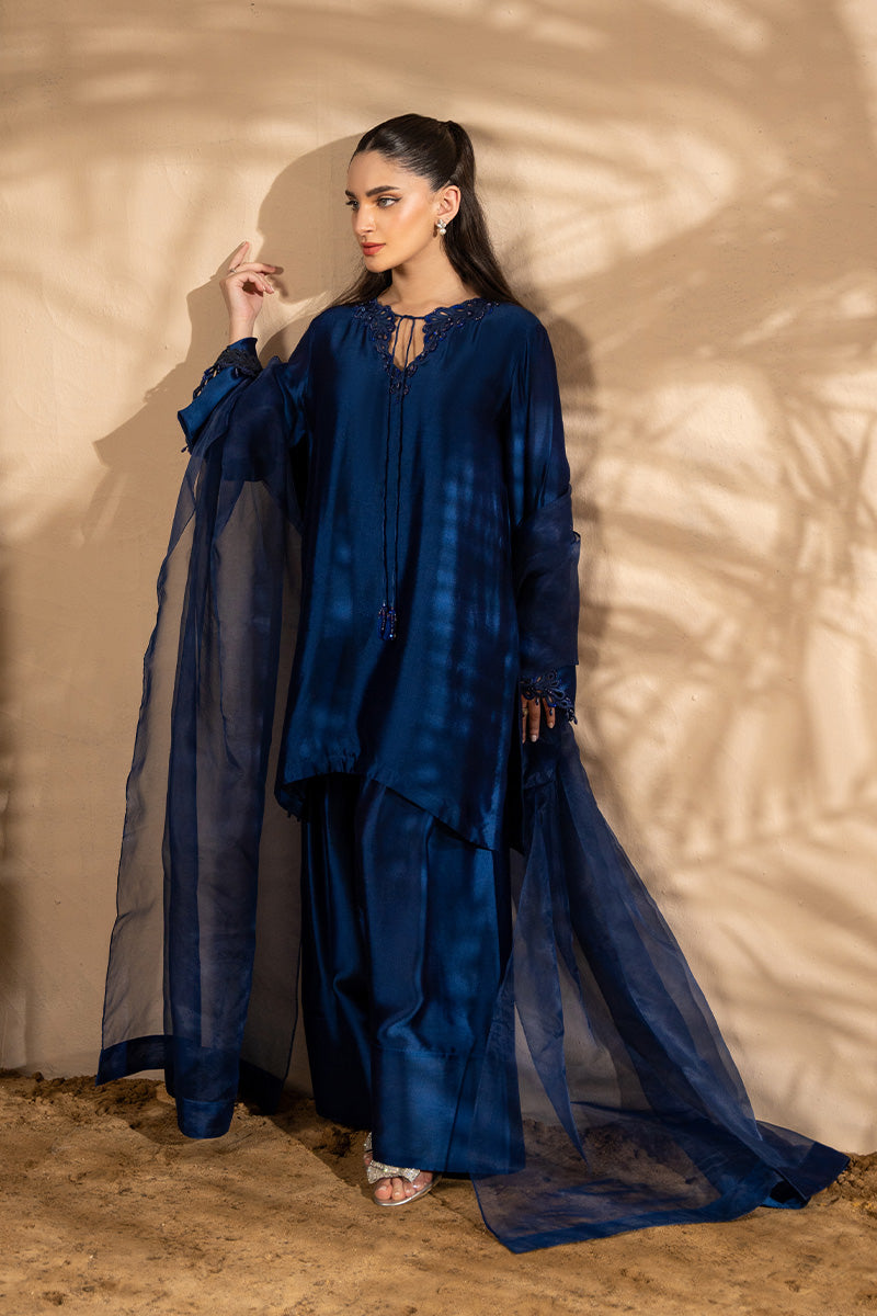 Pakistani Electric Blue Embroidered Sheesha Silk Salwar Kameez (3-Piece) - Image 4