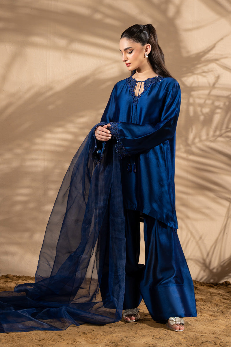 Pakistani Electric Blue Embroidered Sheesha Silk Salwar Kameez (3-Piece) - Image 5