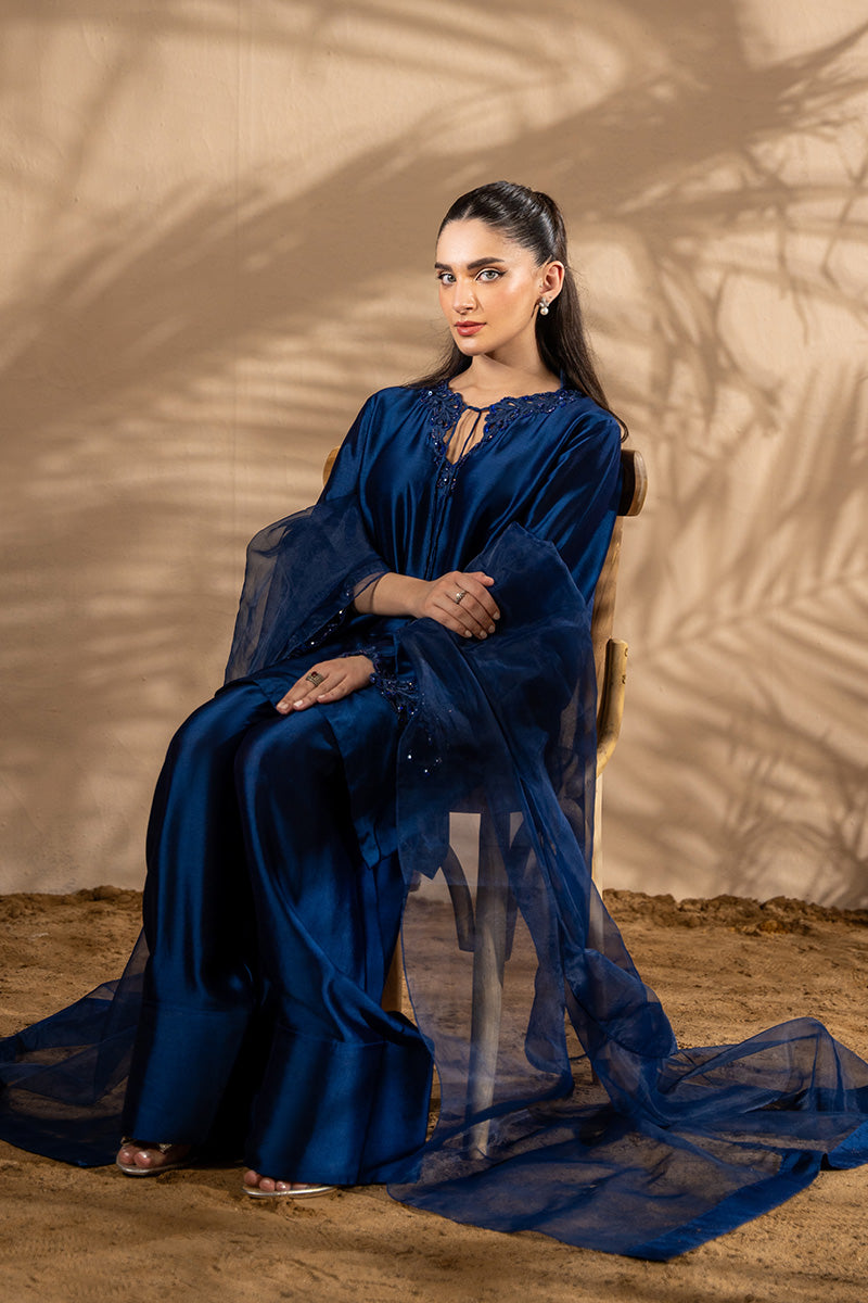 Pakistani Electric Blue Embroidered Sheesha Silk Salwar Kameez (3-Piece) - Image 6