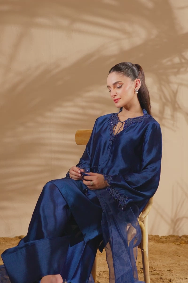 Pakistani Electric Blue Embroidered Sheesha Silk Salwar Kameez (3-Piece) - Image 7