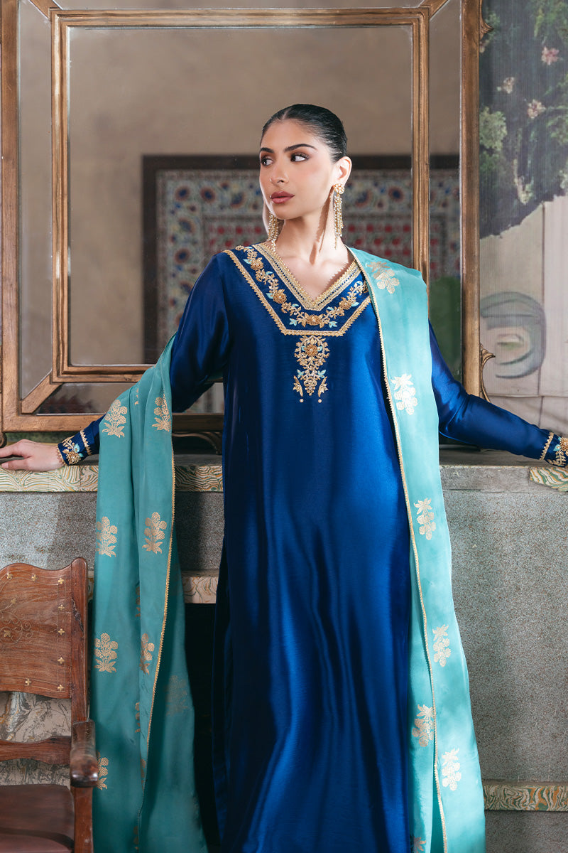 Electric Blue Embroidered Sheesha Silk Kurta Set (3-Piece) - Image 2