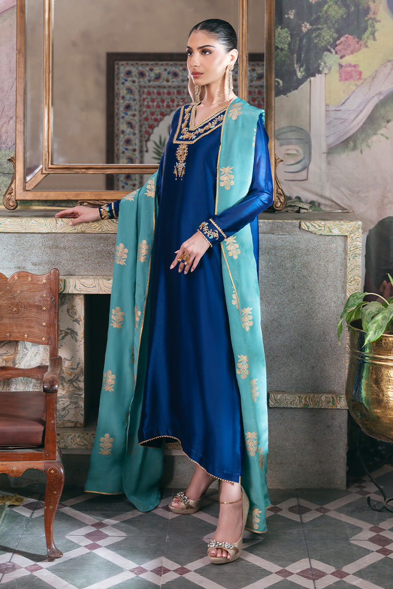 Electric Blue Embroidered Sheesha Silk Kurta Set (3-Piece) - Image 3