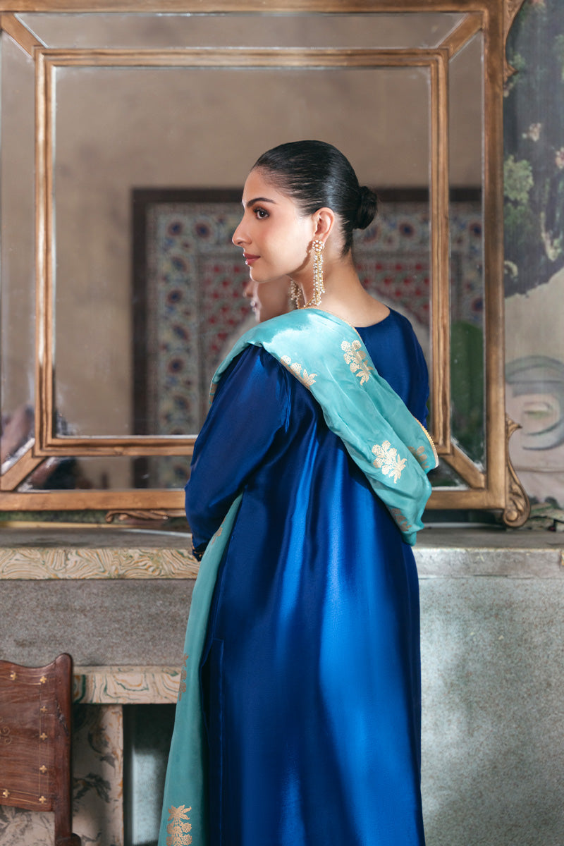 Electric Blue Embroidered Sheesha Silk Kurta Set (3-Piece) - Image 4