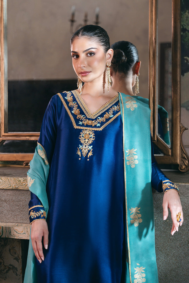 Electric Blue Embroidered Sheesha Silk Kurta Set (3-Piece) - Image 5