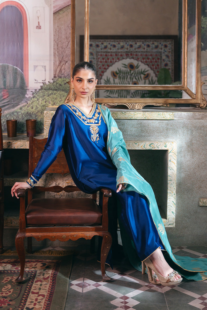 Electric Blue Embroidered Sheesha Silk Kurta Set (3-Piece) - Image 6