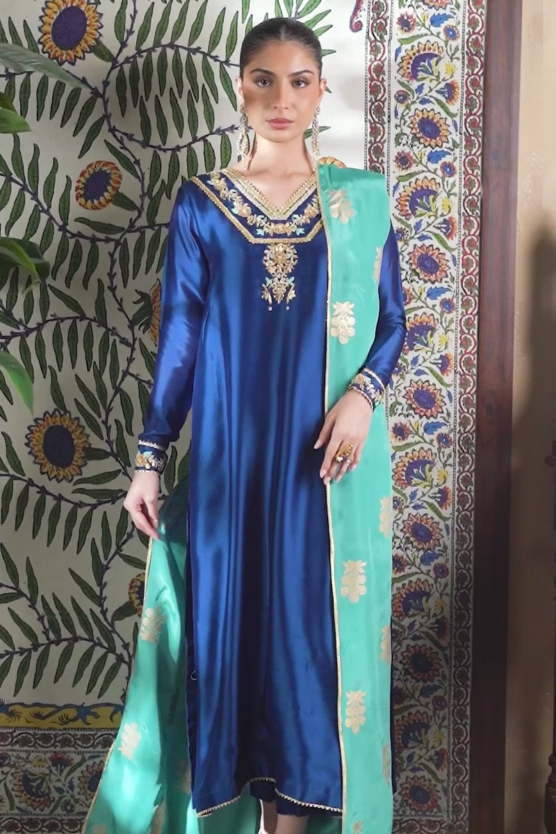 Electric Blue Embroidered Sheesha Silk Kurta Set (3-Piece) - Image 9